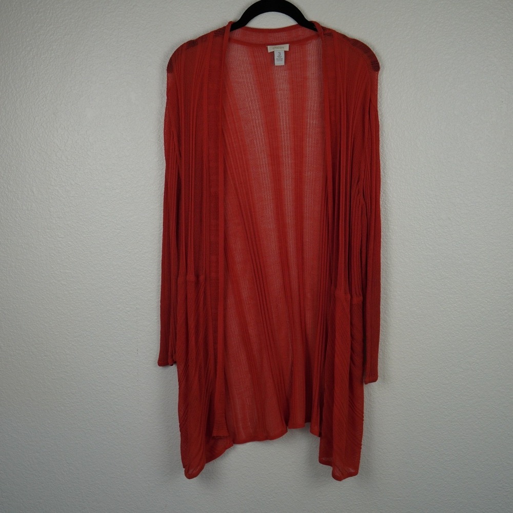 Chicos Orange Open Front Cardigan Sweater Long Sleeve Lightweight Knit Size 3 XL